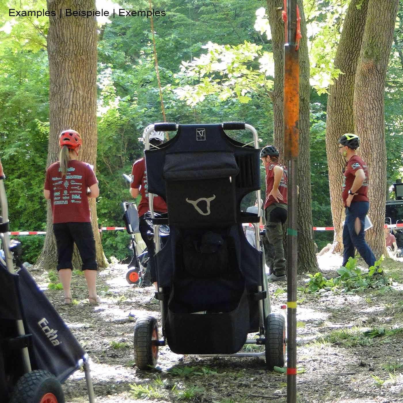 Chariot de plage Rolly Dolly en bleu et noir avec un logo de tête de taureau blanc à l’arrière, debout dans la forêt avec plusieurs personnes en arrière-plan
