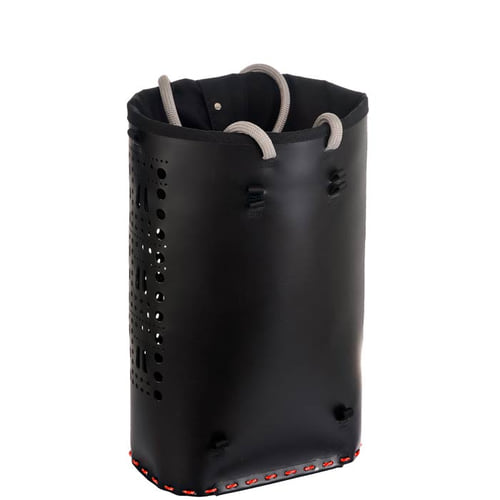 ropeBUCKET 80, conteneur cylindrique noir sans sangle, avec passants de poignée gris et coutures rouges sur le fond, sans lettrage visible