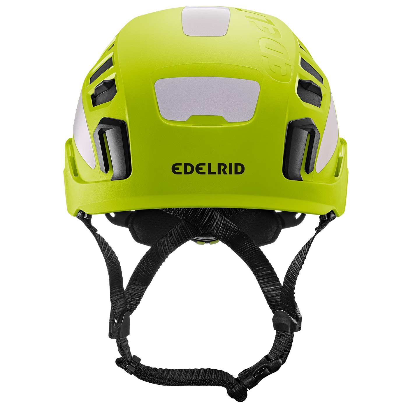 Casque d’escalade Tectum Air Hi-Viz d’Edelrid en jaune vif avec réflecteurs blancs et mentonnière noire, vue de face avec logo de la marque Edelrid visible