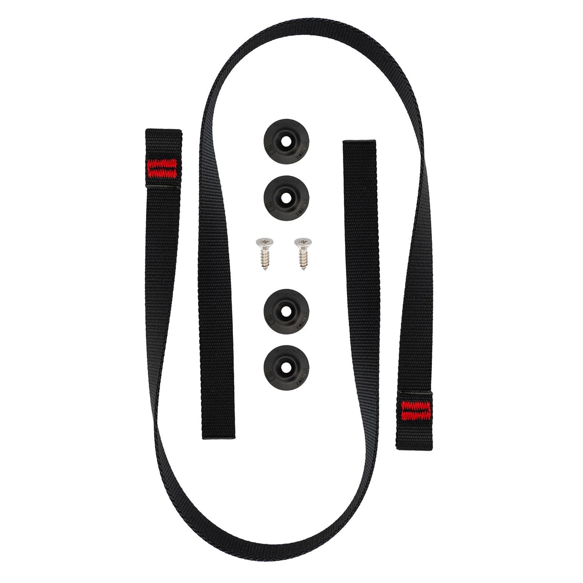 Liaison hanche/jambe Kinisi, bande noire avec coutures rouges, quatre anneaux en plastique noir et deux petites vis argentées