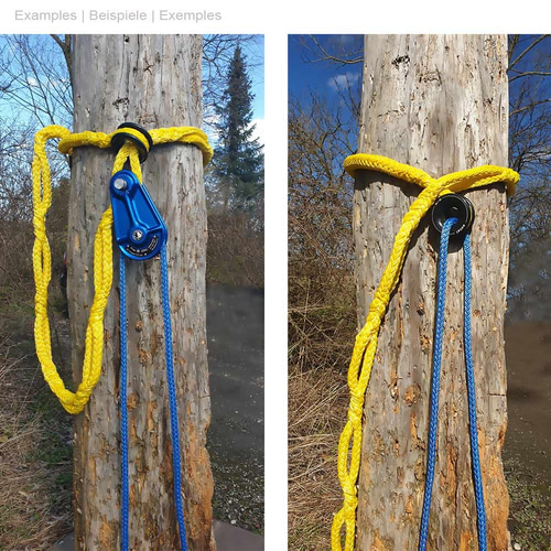 Sangle noeud Kokoan 19 d’Antal, élingue jaune avec anneau en plastique noir, attachée à un arbre, cordes bleues guidées à travers l’anneau
