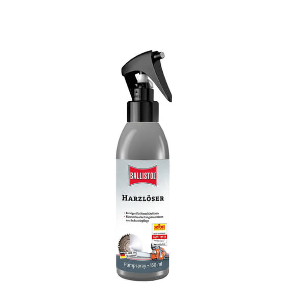 Ballistol Harzlöser Pumpspray 150 ml mit schwarzem Sprühkopf und grauem Etikett mit rotem Ballistol Logo und Bild einer Kreissäge und Hobelmaschine auf weißem Hintergrund