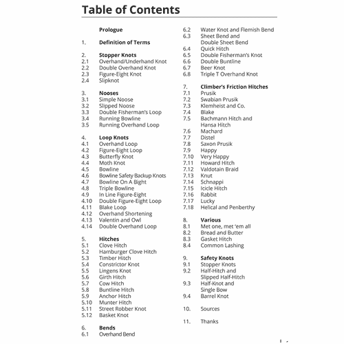 Table des matières en noir et blanc du Tree Climber’s Knotbook avec des chapitres et des sous-chapitres sur différents types de nœuds et techniques