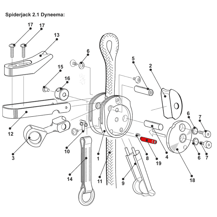 Boulon d’usure SpiderJack 2.1, dessin technique d’un composant avec plusieurs pièces individuelles numérotées, dont un boulon marqué en rouge, nom du fabricant SpiderJack 2.1 visible