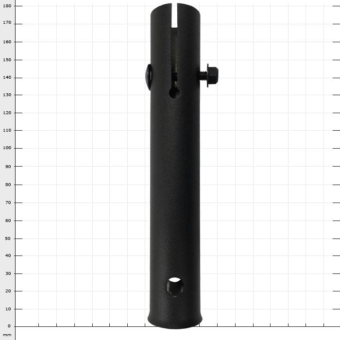 Tube supérieur ArboRapid de Berger, tube cylindrique noir avec vis et ouvertures, sur fond blanc avec dimensions de grille