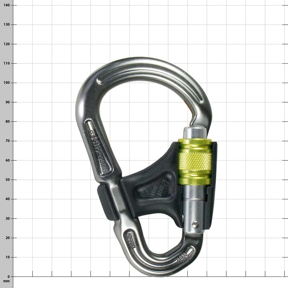 Mousqueton Belay Master avec fermoir jaune et partie en plastique noir, vu de l’autre côté