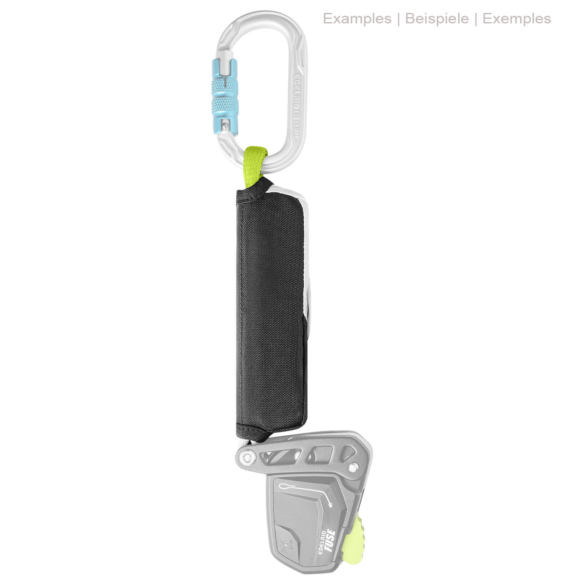 Defuser Rescue, housse de protection noire avec aire de jeux grise et mousqueton blanc avec fermeture bleue, fabricant Edelrid