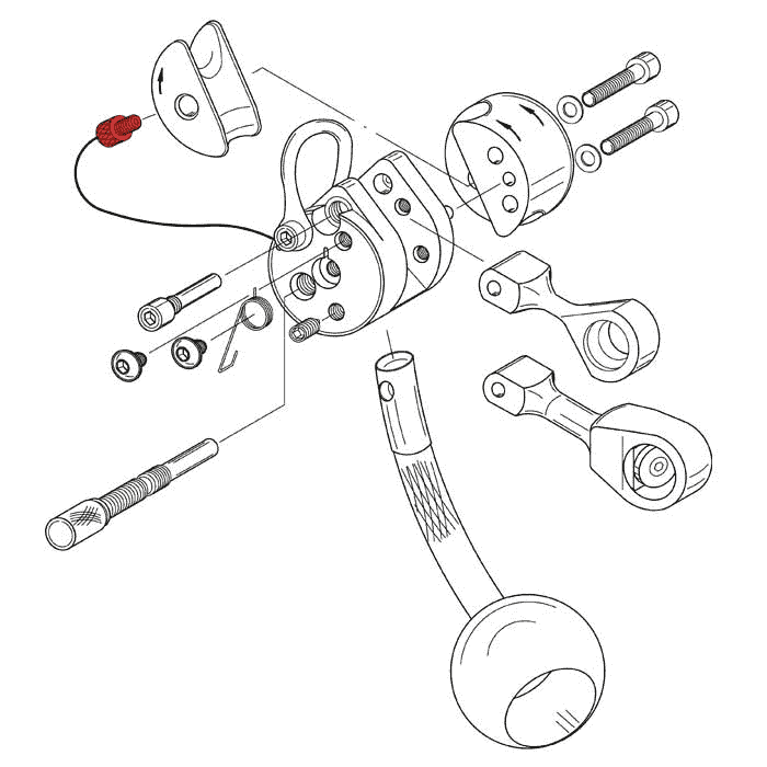 Dessin technique en noir et blanc d’un dispositif mécanique comportant plusieurs parties, dont deux vis marquées en rouge, sans information constructeur ni type de produit