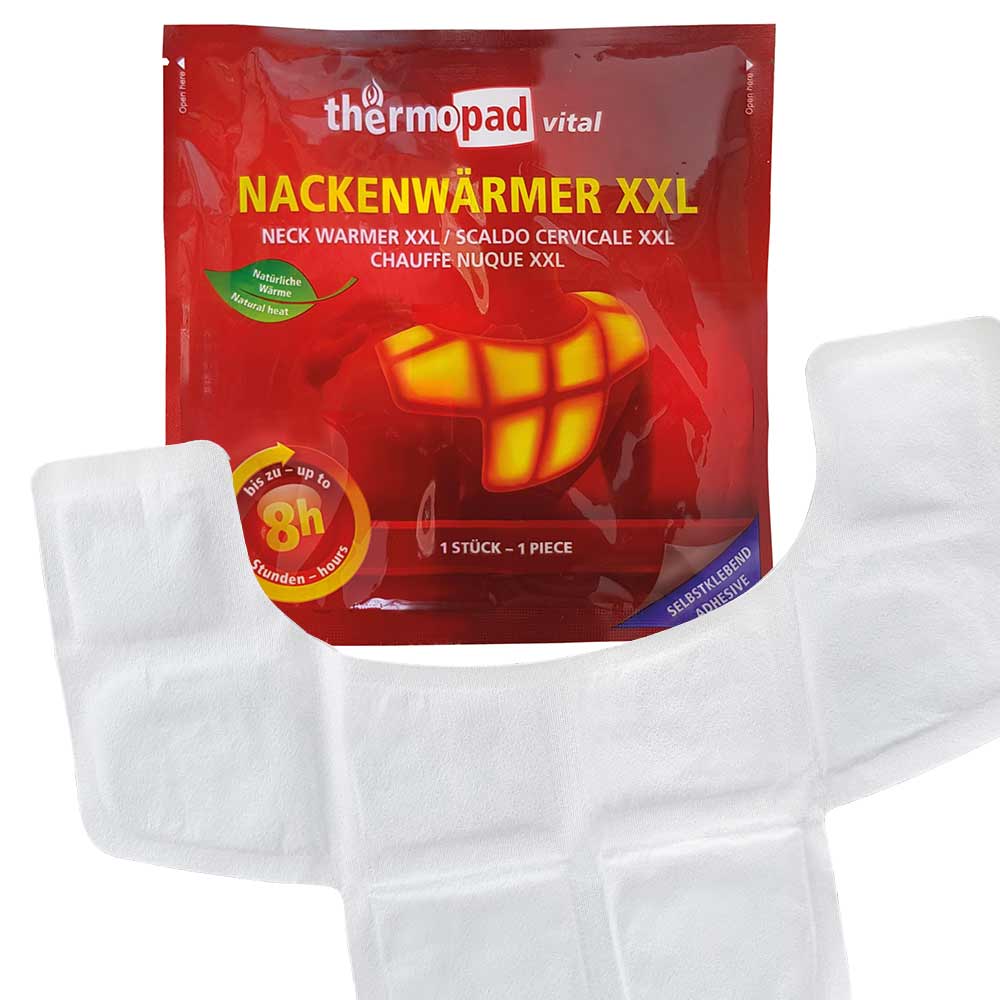 Cache-cou thermopad vital Emballage XXL en rouge avec lettres jaunes et cache-cou blanc en forme de T devant