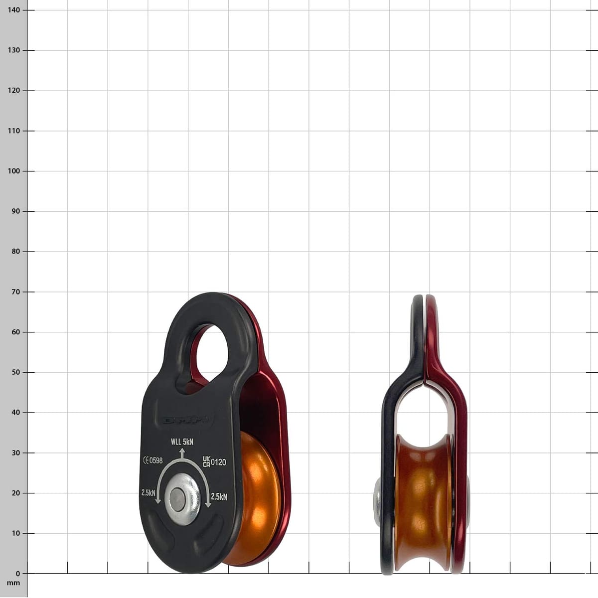 Poulie de propulsion avec boîtier rouge et noir et rouleau orange, nom du fabricant non visible, vue de face et latérale
