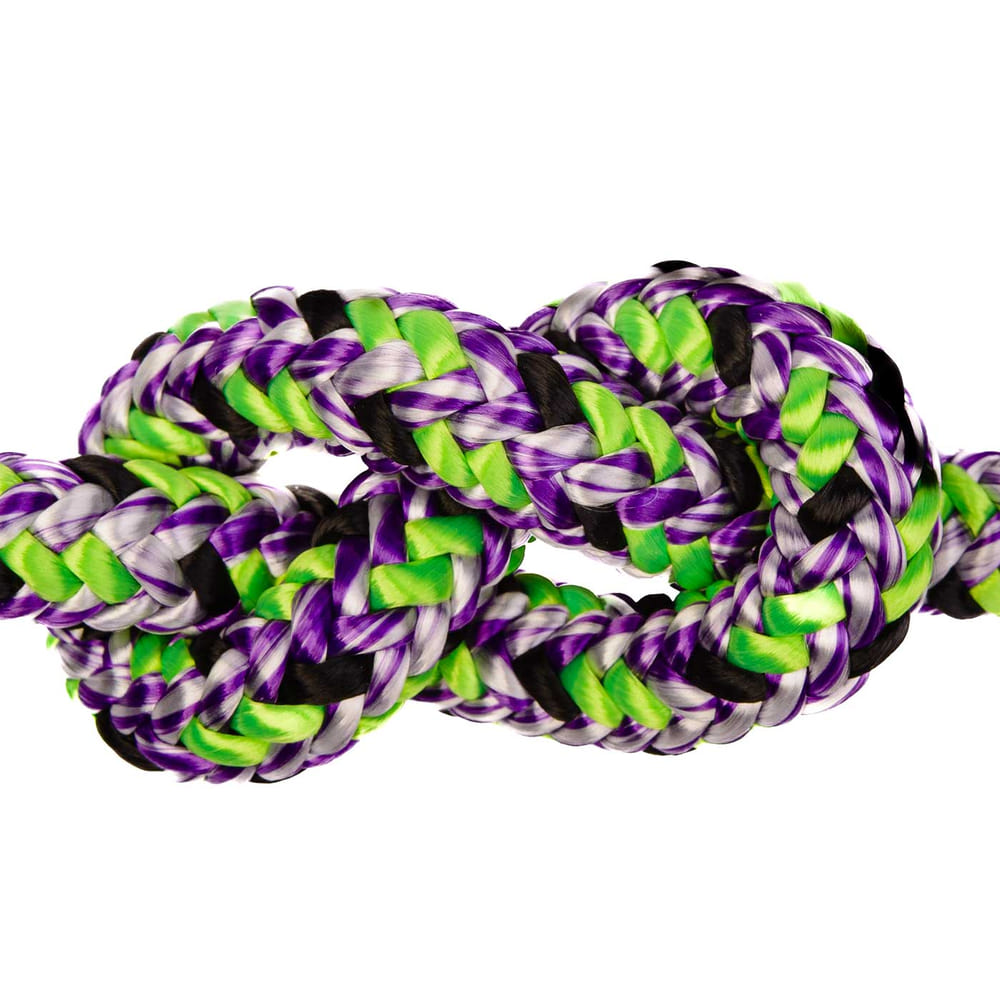 Corde Argiope Evo à motif vert-violet-noir, gros plan d’un nœud