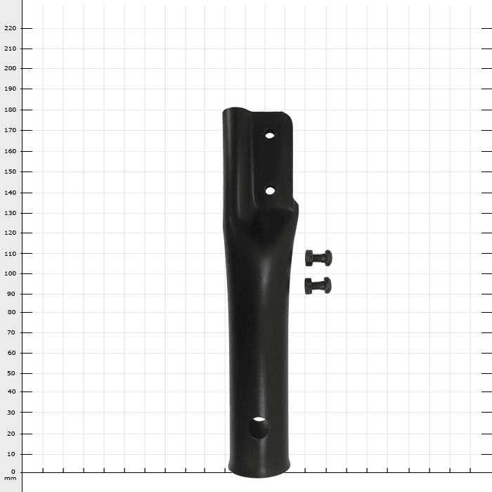 Oeillet ArboRapid, long tube noir avec trois trous et deux petites vis sur fond blanc avec échelle millimétrique