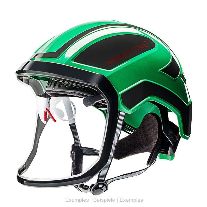 Casque PROTOS® en vert et noir avec écran facial transparent intégré et mentonnière noire, logo PROTOS® en rouge sur le côté