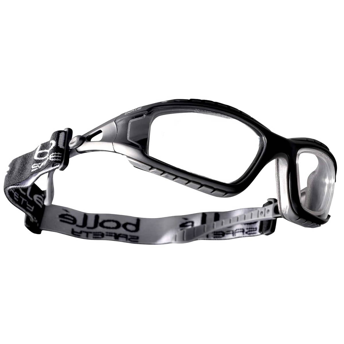 Tracker II de Bollé, lunettes noires avec verres transparents et élastique réglable noir et blanc avec imprimé bollé, vue latérale