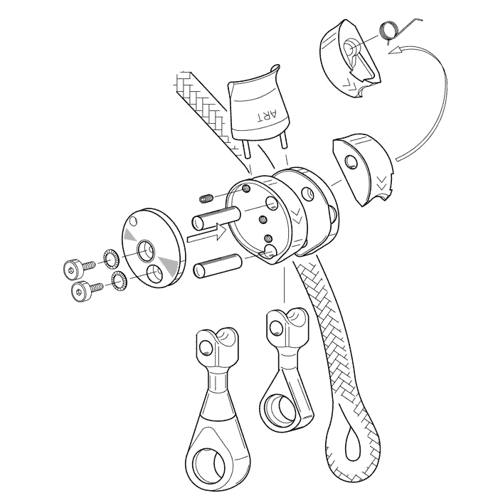 Dessin technique du Positionner 2 de Climb Art avec les composants individuels démontés et une corde passée dans l’appareil