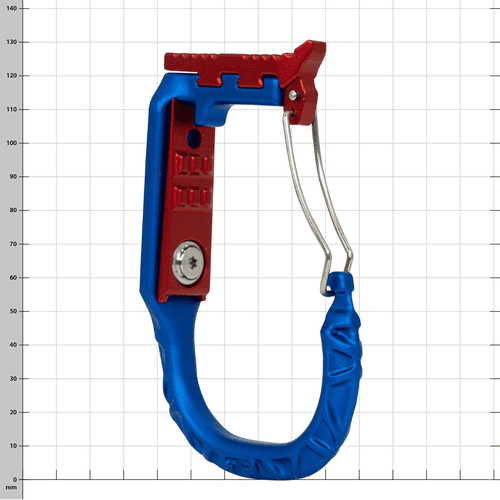 Portail en fil métallique skyHOOK bleu et rouge avec support métallique sur fond blanc et lignes de grille