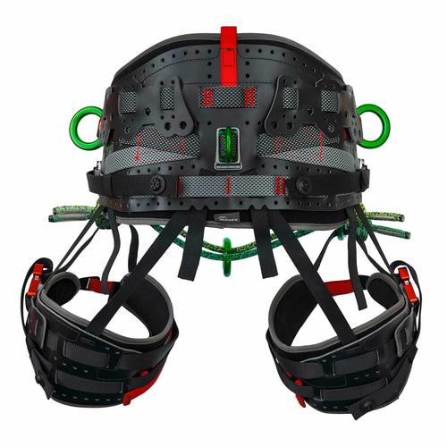 Harnais d’escalade Kinisi Pro avec ceinture rembourrée noire, anneaux en métal vert et boucles rouges, vue arrière