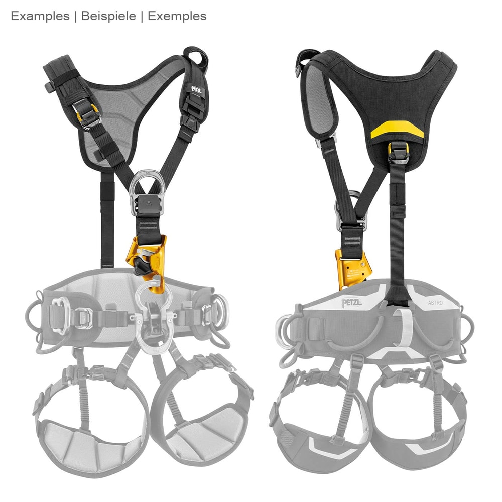 Top Croll by Petzl, vue avant et arrière du harnais bloqueur de poitrine noir avec tissu en maille grise et bloqueur jaune, avec des silhouettes de harnais semi-transparent gris en arrière-plan