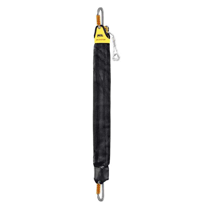 Système Petzl JAG dans un sac en maille noire avec deux mousquetons argentés avec fermetures orange et étiquette jaune