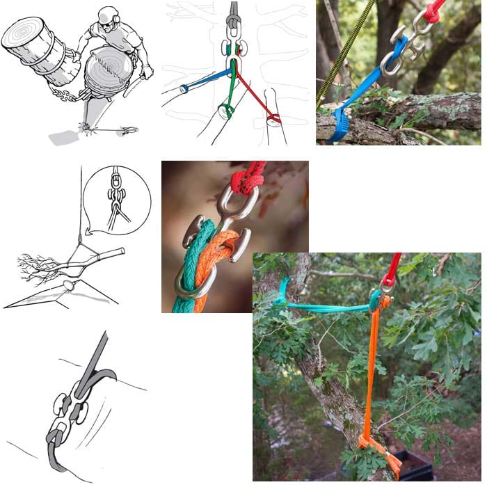 Backbone Mini, un collage de six images avec des exemples d’application, y compris des dessins et des photos de cordes et de nœuds dans les arbres, montre la pièce en métal argenté dans différents scénarios d’application