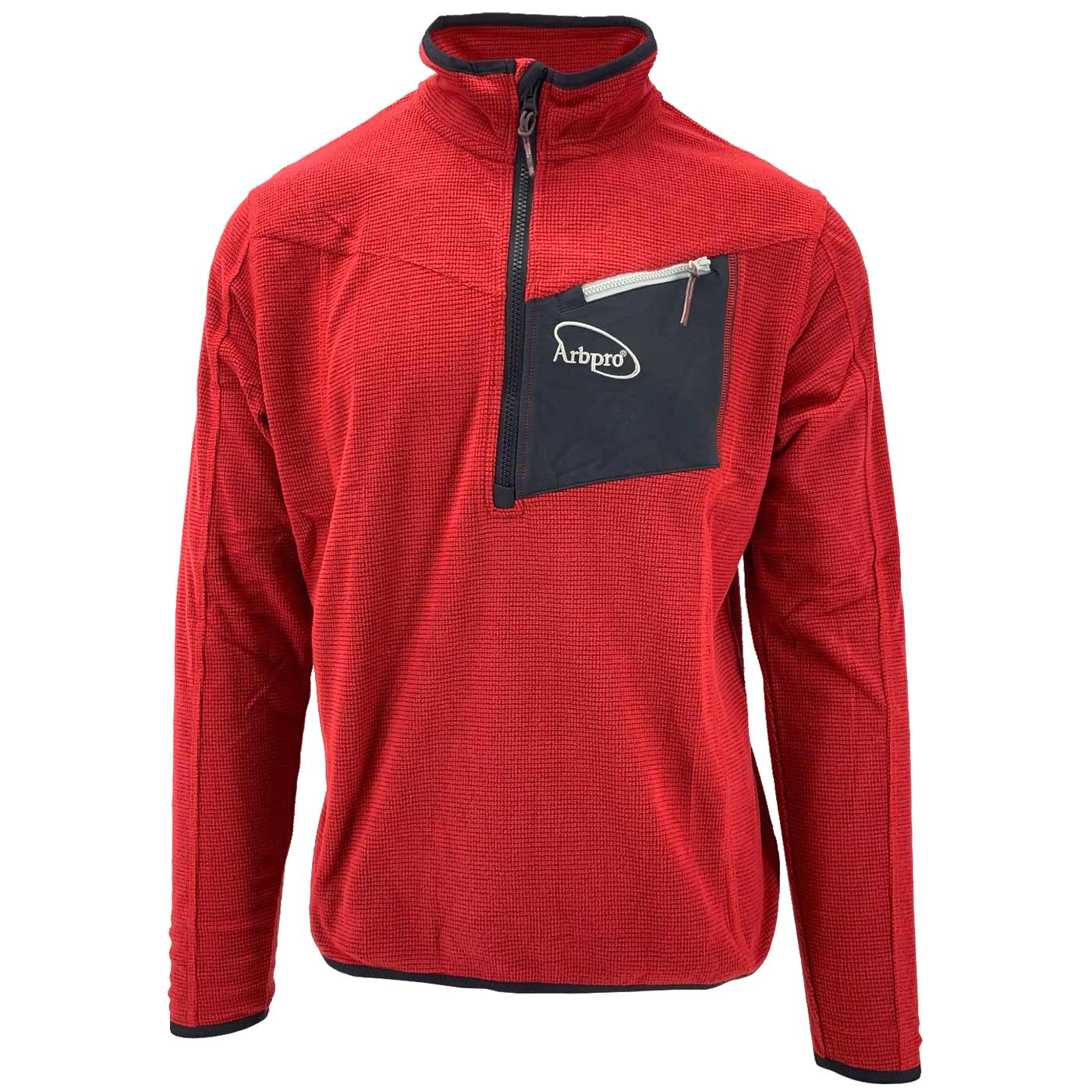 Haut en micropolaire rouge Micro Fleece avec fermeture éclair mi-longue et poche poitrine noire avec fermeture éclair blanche et logo Arbpro