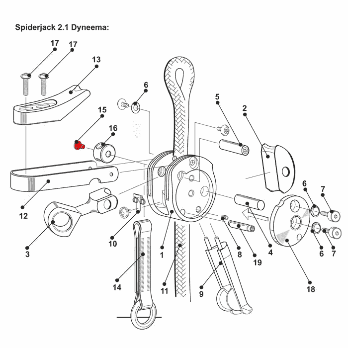 Dessin technique du SpiderJack 2.1 Dyneema avec les pièces individuelles numérotées, y compris la vis de montage rouge pour la bride en position 15, illustrée dans un schéma éclaté