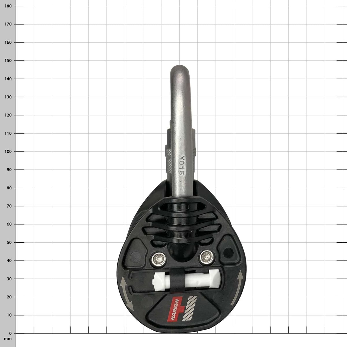 Snatchet 65 Ratchet de Harken avec mousqueton argenté et boîtier en plastique noir, vue de dessus