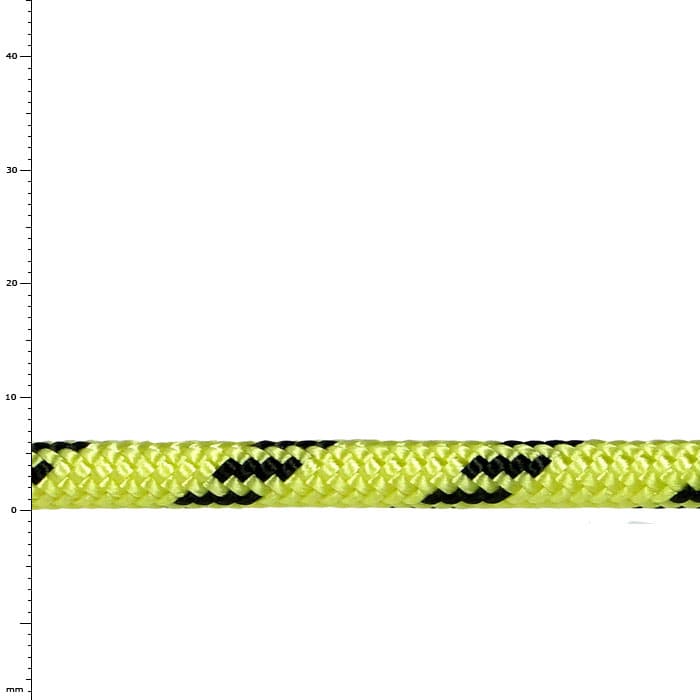 Corde 6, jaune avec motifs noirs, gros plan d’une section de corde