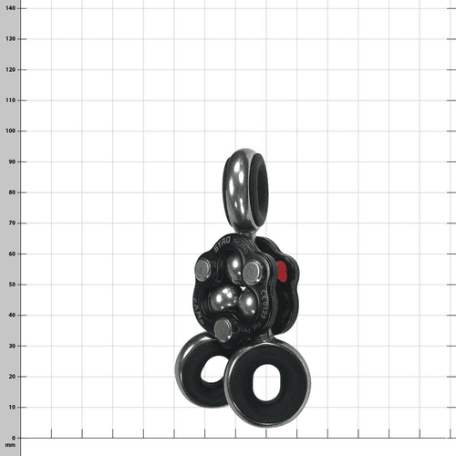 Gyroscope 3, fabricant CAMP, vue latérale du composant métallique noir et argent avec trois ouvertures en forme d’anneau et des roulements à billes visibles, sur un fond à carreaux