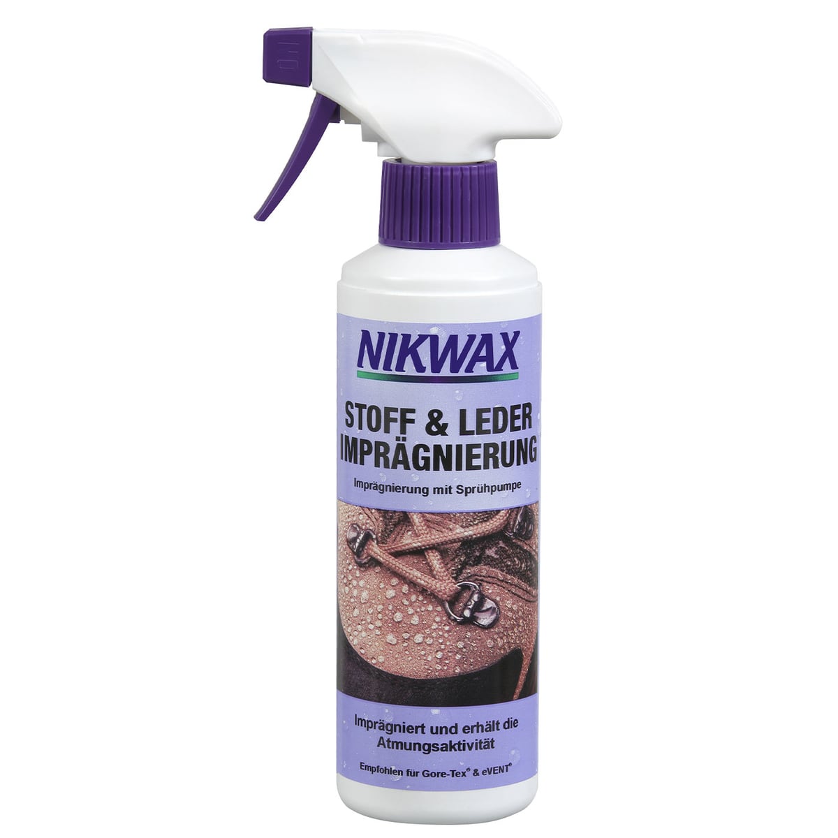 Flacon pulvérisateur d’imprégnation de tissu et de cuir Nikwax avec corps blanc et tête de pulvérisation violette, étiquette violette avec texte et image de chaussure en cuir humide