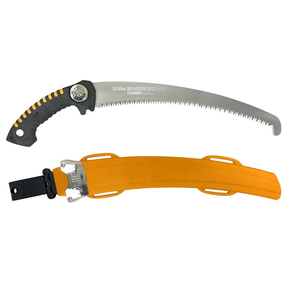 Scie à main Silky Sugoi 360-6.5-5.5 avec lame de scie incurvée et poignée noire avec accents jaunes, plus une housse de protection orange avec clip noir