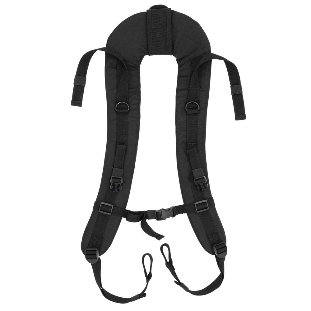 Bretelles mulet noires, bretelles avec rembourrage et plusieurs sangles et boucles réglables, nom du produit visible