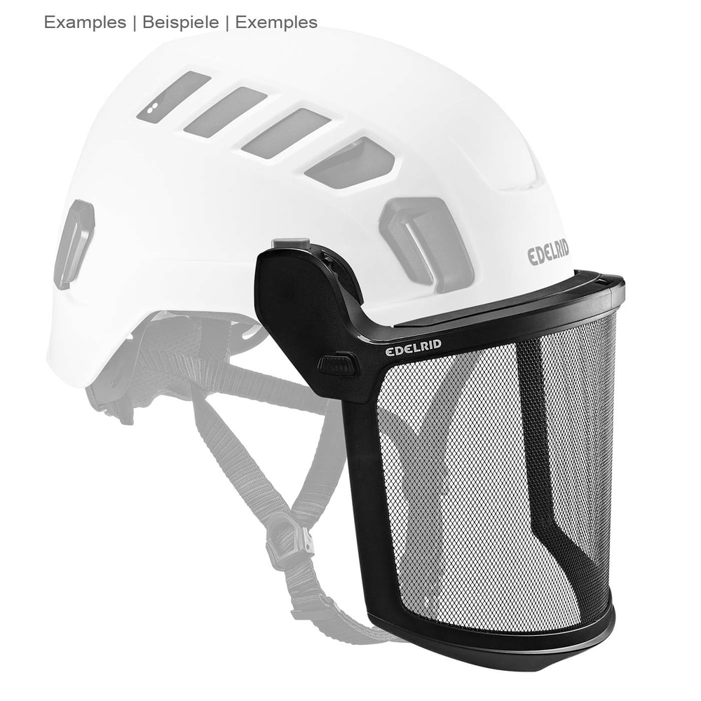 Visière Edelrid Mesh avec cadre noir et tissu en maille attaché à un casque blanc