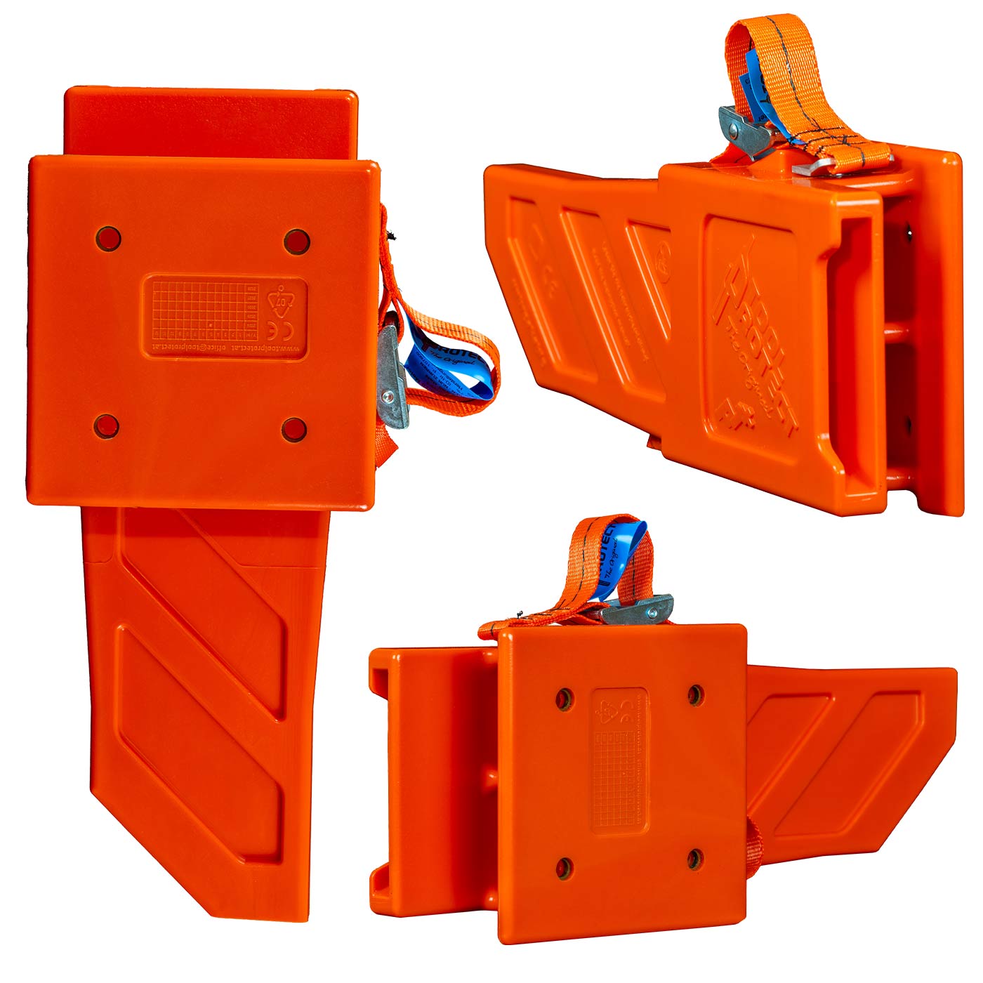 Trois vues de la coque Toolprotect P1+ Pro en orange, avec trous de montage visibles et bracelet orange-bleu
