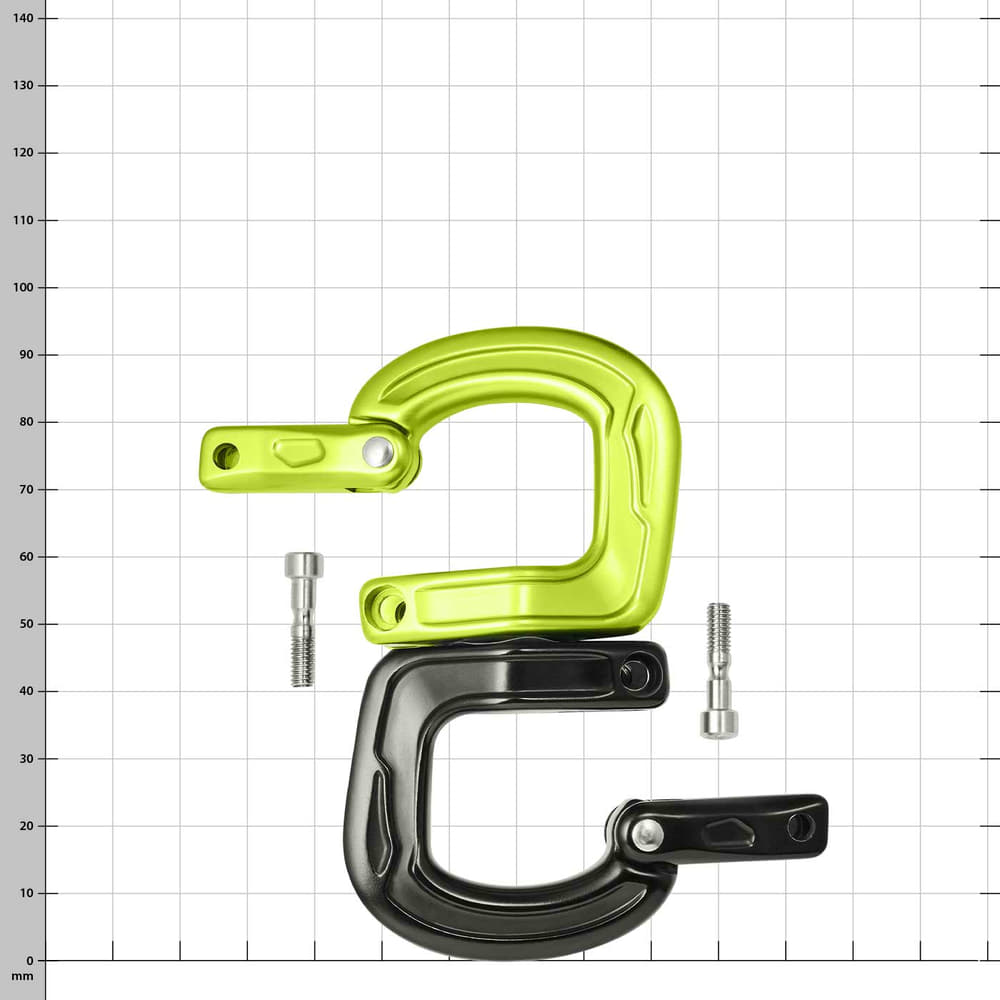 Deux mousquetons, vert en haut, noir en bas, démonté avec deux vis, nom du produit Cupid Swivel visible