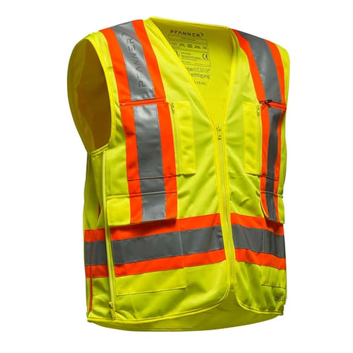 Gilet de sécurité Zipp-4-Fit de Pfanner en jaune vif avec bandes réfléchissantes orange et argent, fermeture éclair à l’avant, deux poches avec fermeture éclair