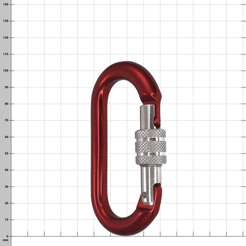 Mousqueton ovale Screwlock en rouge avec verrou à vis ouvert, nom du produit Oval Screwlock