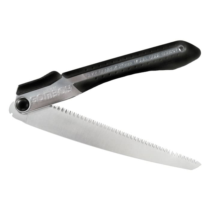 Gomboy 270-10 Scie pliante à moitié ouverte avec poignée noire et lame de scie argentée, nom du fabricant Gomboy visible