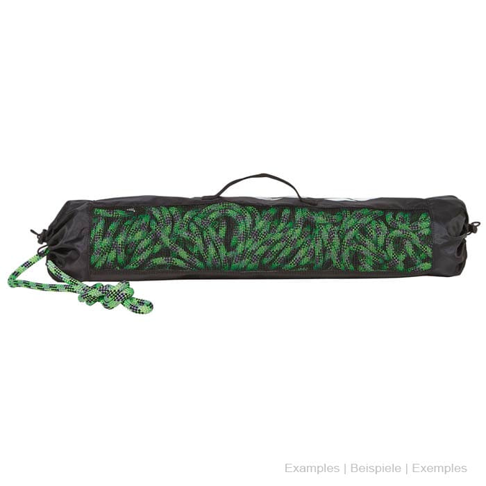 Cross Rope Light dans un sac fourre-tout noir avec une fenêtre en maille à travers laquelle une corde verte est visible.