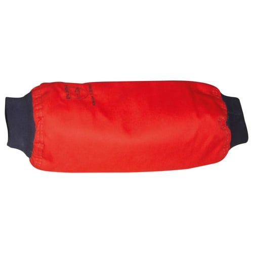Manchette Flexprotect rouge avec poignets noirs, couchée à plat et logo imprimé