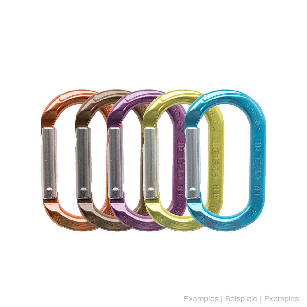 Mousqueton Mini-O en cinq couleurs différentes (orange, marron, violet, jaune, bleu) avec ressorts de verrouillage argentés, fabricant non visible