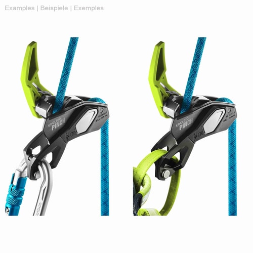 Deux aires de jeux Pinch d’Edelrid en noir et vert avec corde bleue et mousqueton