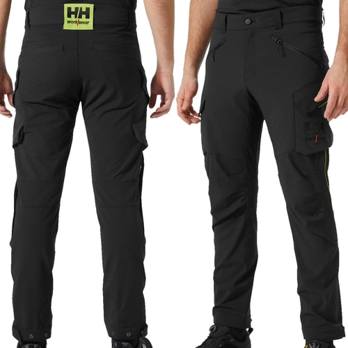 Pantalon cargo Magni Evolution, pantalon de travail noir porté par un modèle, visible à l’avant et à l’arrière avec le logo HH workwear sur la ceinture