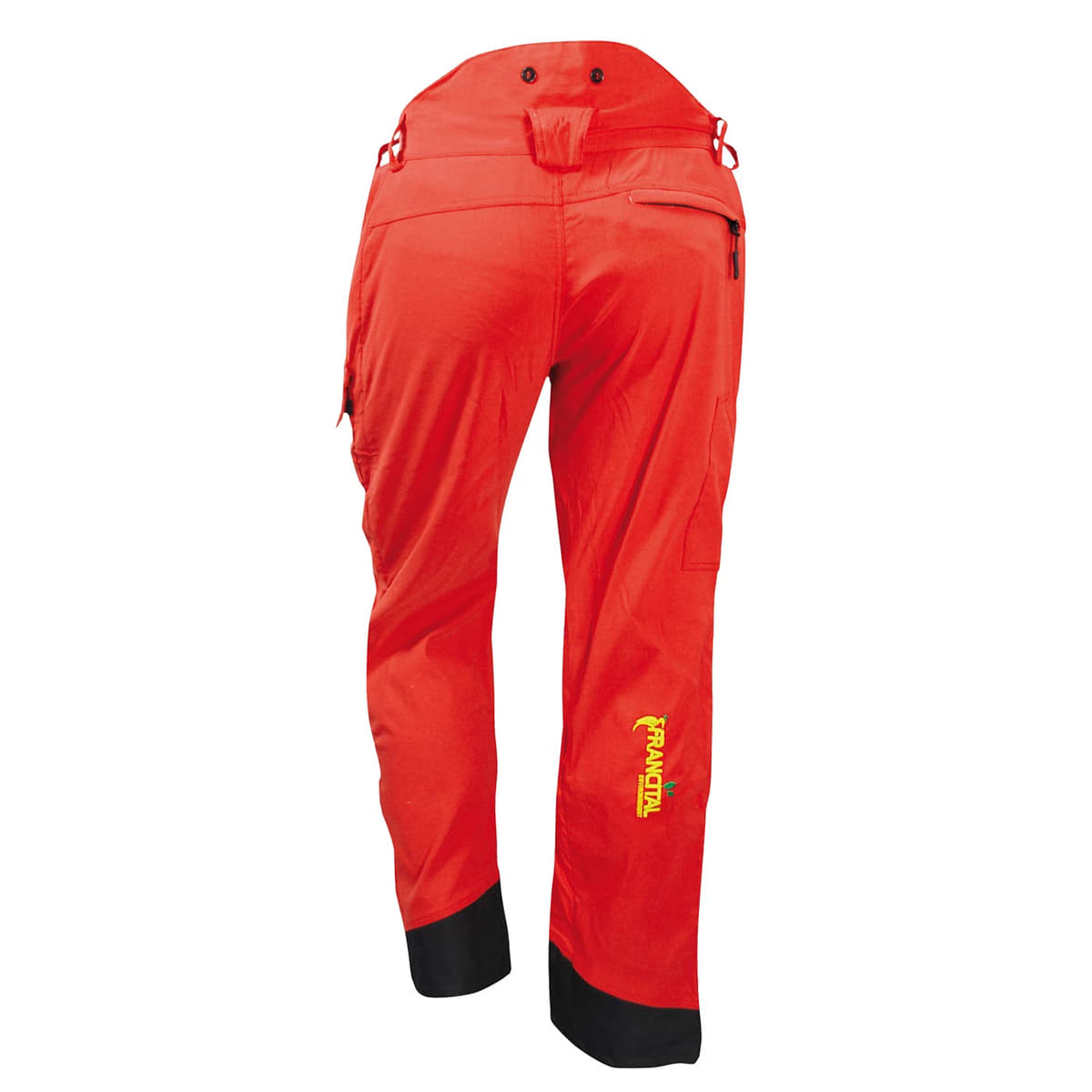 Pantalon Everest R rouge avec ourlet noir, poche zippée à l’arrière droit et logo FRANOSTAL jaune à l’arrière