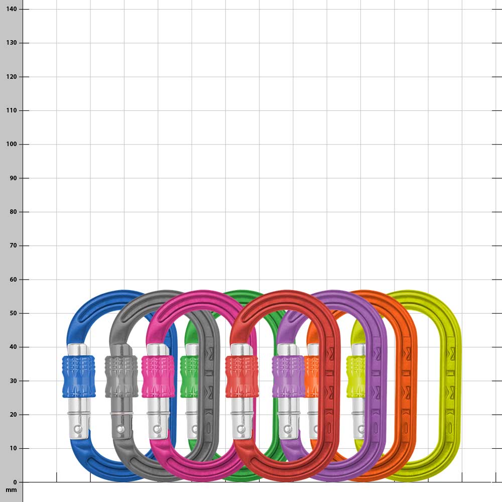 XSRE Lock, fabricant non visible, huit mousquetons colorés en bleu, gris, rose, vert, rouge, violet, orange et jaune disposés les uns à côté des autres