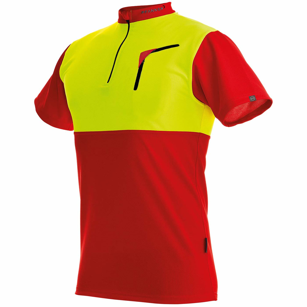 Chemise à col zippé rouge et jaune avec fermeture éclair courte et poche poitrine, nom du fabricant Pfanner visible sur le col