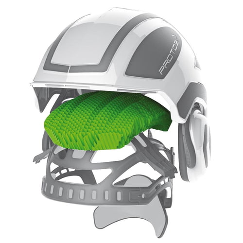 Casque d’arboriculture PROTOS blanc avec cadre intérieur gris et coussin en nid d’abeille vert
