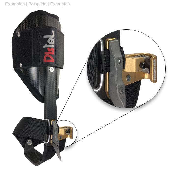 Attelle de jambe avec logo chardon noir et SpikeSender 2 R en gros plan sur l’attache