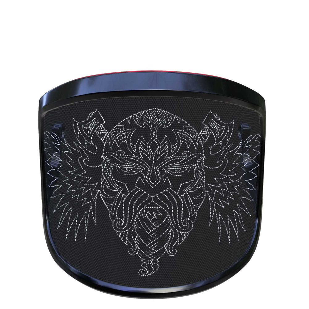 Visière PROTOS® Special Edition avec cadre noir et visage viking blanc détaillé avec des ailes sur fond noir