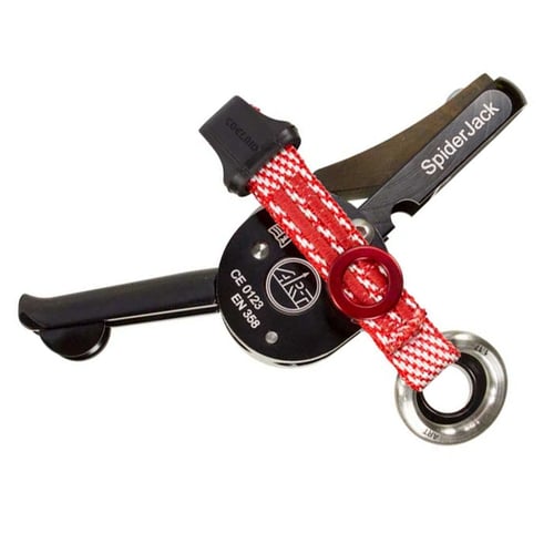 SpiderJack 2.1 Dyneema de Climb-Art, appareil d’assurage noir avec corde rouge et blanche, anneau et lettrage en métal rouge